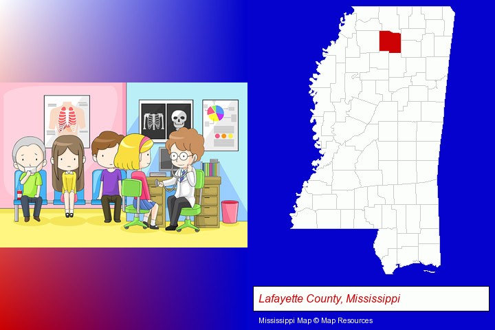 a clinic, showing a doctor and four patients; Lafayette County, Mississippi highlighted in red on a map