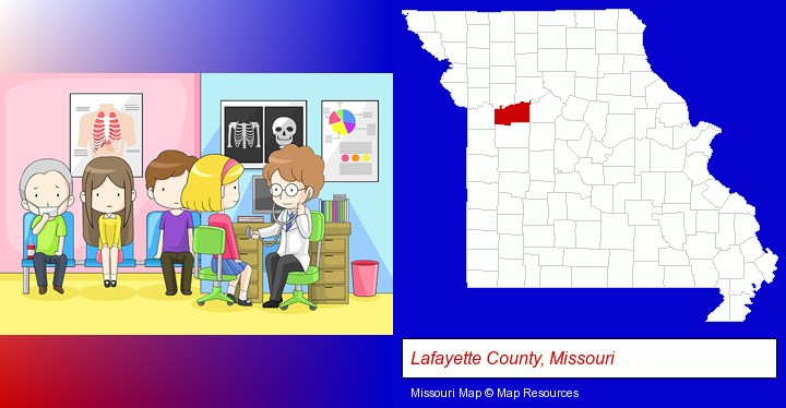 a clinic, showing a doctor and four patients; Lafayette County, Missouri highlighted in red on a map