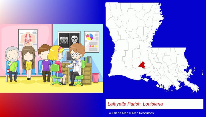 a clinic, showing a doctor and four patients; Lafayette Parish, Louisiana highlighted in red on a map