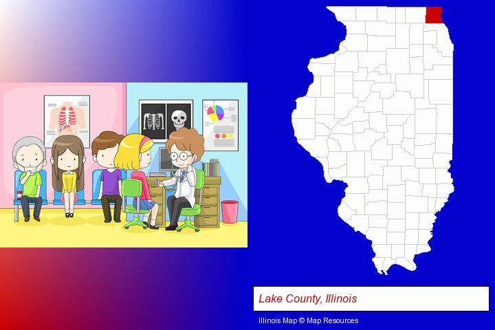 a clinic, showing a doctor and four patients; Lake County, Illinois highlighted in red on a map