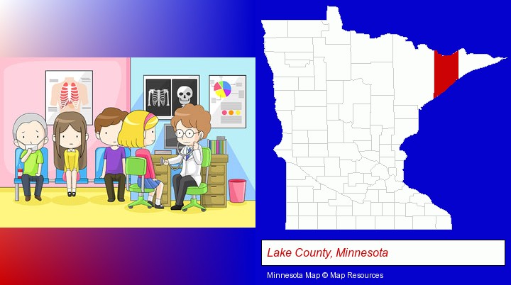 a clinic, showing a doctor and four patients; Lake County, Minnesota highlighted in red on a map