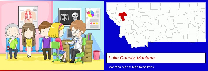 a clinic, showing a doctor and four patients; Lake County, Montana highlighted in red on a map