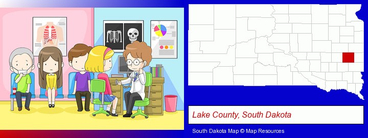 a clinic, showing a doctor and four patients; Lake County, South Dakota highlighted in red on a map