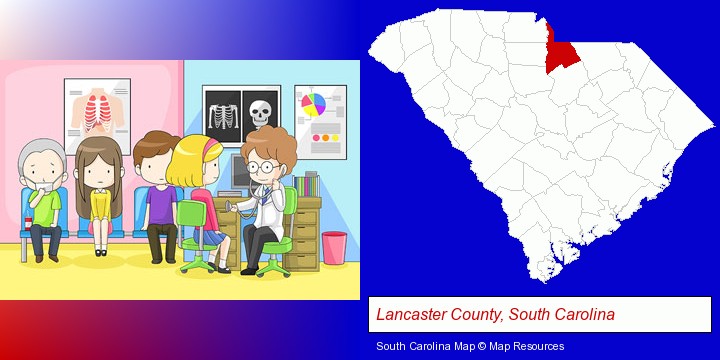 a clinic, showing a doctor and four patients; Lancaster County, South Carolina highlighted in red on a map