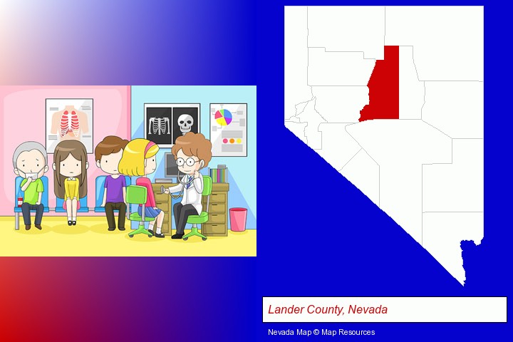 a clinic, showing a doctor and four patients; Lander County, Nevada highlighted in red on a map