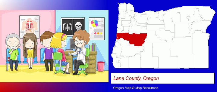a clinic, showing a doctor and four patients; Lane County, Oregon highlighted in red on a map