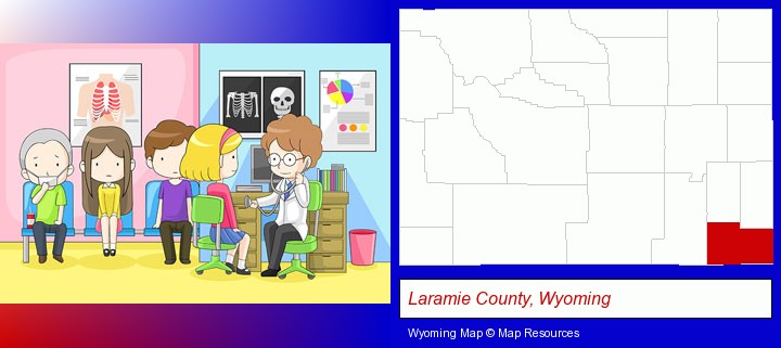 a clinic, showing a doctor and four patients; Laramie County, Wyoming highlighted in red on a map