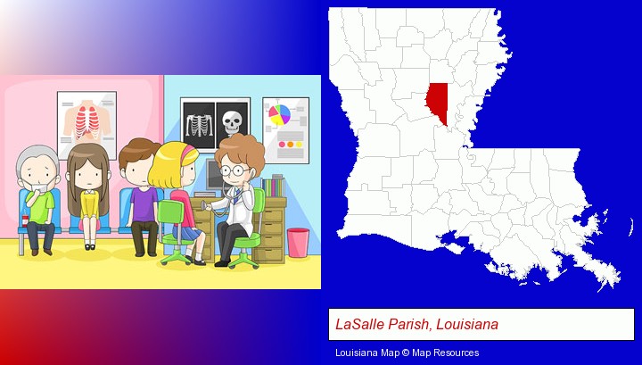 a clinic, showing a doctor and four patients; LaSalle Parish, Louisiana highlighted in red on a map