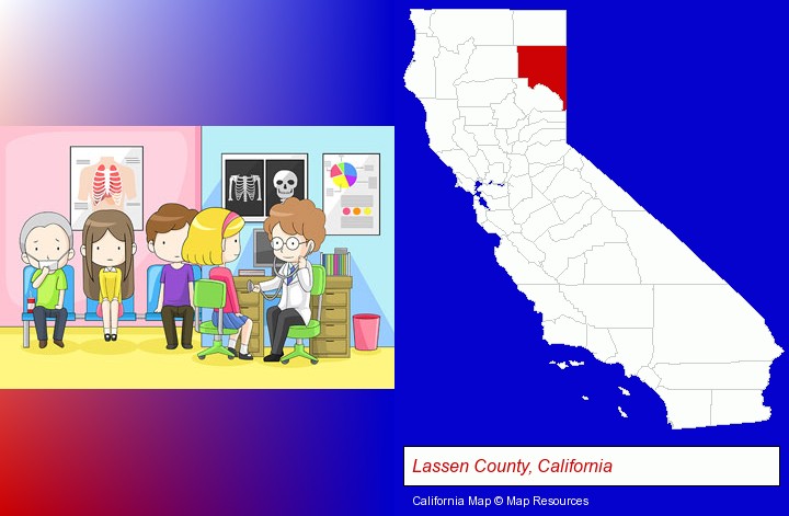 a clinic, showing a doctor and four patients; Lassen County, California highlighted in red on a map