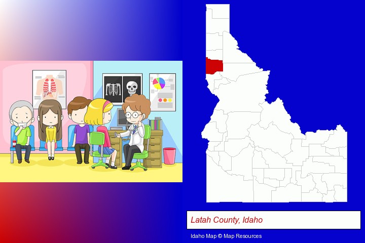 a clinic, showing a doctor and four patients; Latah County, Idaho highlighted in red on a map