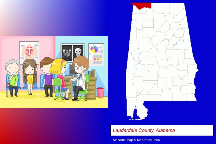 a clinic, showing a doctor and four patients; Lauderdale County, Alabama highlighted in red on a map