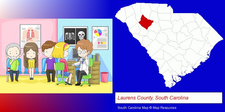 a clinic, showing a doctor and four patients; Laurens County, South Carolina highlighted in red on a map