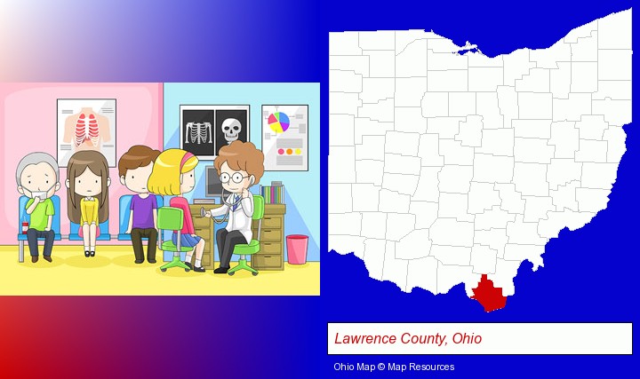 a clinic, showing a doctor and four patients; Lawrence County, Ohio highlighted in red on a map