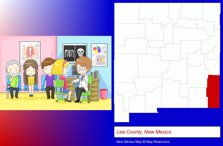 a clinic, showing a doctor and four patients; Lea County, New Mexico highlighted in red on a map