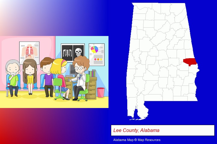 a clinic, showing a doctor and four patients; Lee County, Alabama highlighted in red on a map