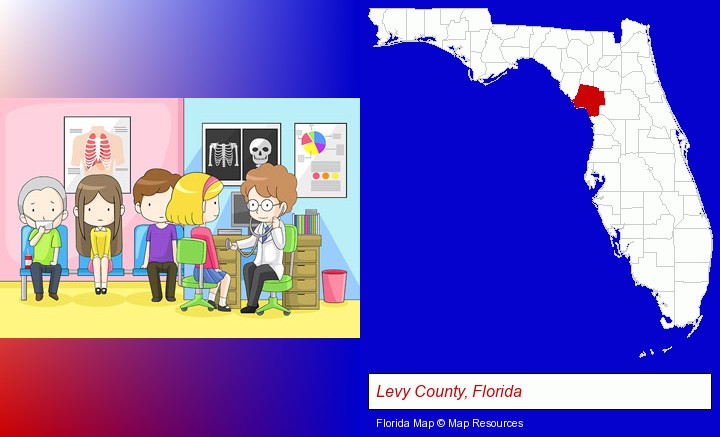 a clinic, showing a doctor and four patients; Levy County, Florida highlighted in red on a map