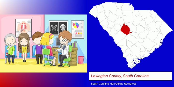 a clinic, showing a doctor and four patients; Lexington County, South Carolina highlighted in red on a map