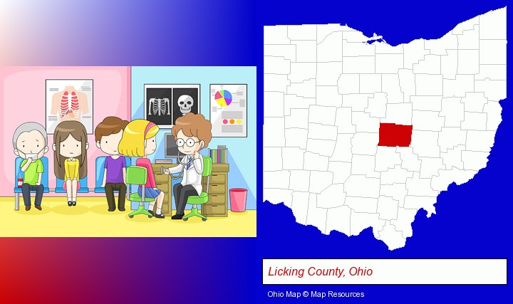 a clinic, showing a doctor and four patients; Licking County, Ohio highlighted in red on a map
