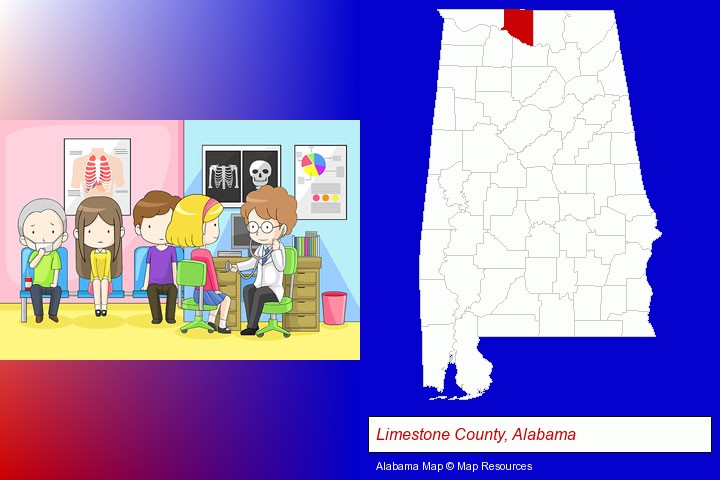 a clinic, showing a doctor and four patients; Limestone County, Alabama highlighted in red on a map