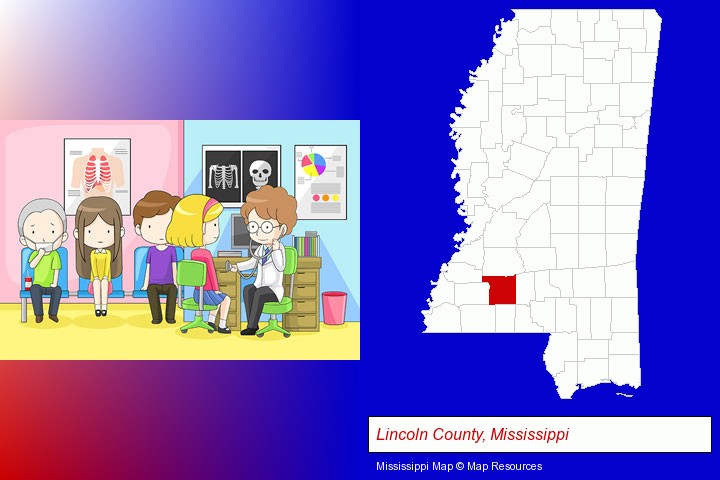 a clinic, showing a doctor and four patients; Lincoln County, Mississippi highlighted in red on a map