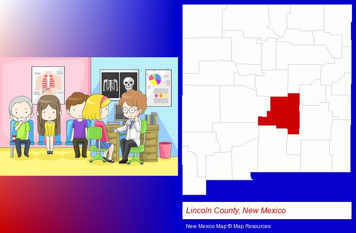 a clinic, showing a doctor and four patients; Lincoln County, New Mexico highlighted in red on a map
