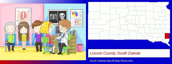 a clinic, showing a doctor and four patients; Lincoln County, South Dakota highlighted in red on a map