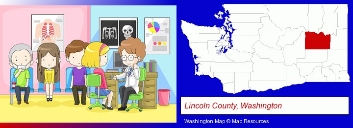 a clinic, showing a doctor and four patients; Lincoln County, Washington highlighted in red on a map