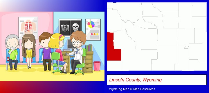 a clinic, showing a doctor and four patients; Lincoln County, Wyoming highlighted in red on a map