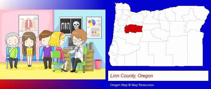 a clinic, showing a doctor and four patients; Linn County, Oregon highlighted in red on a map