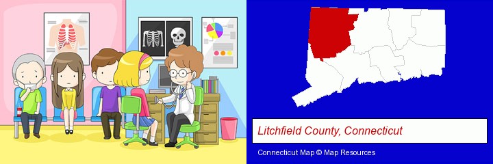 a clinic, showing a doctor and four patients; Litchfield County, Connecticut highlighted in red on a map