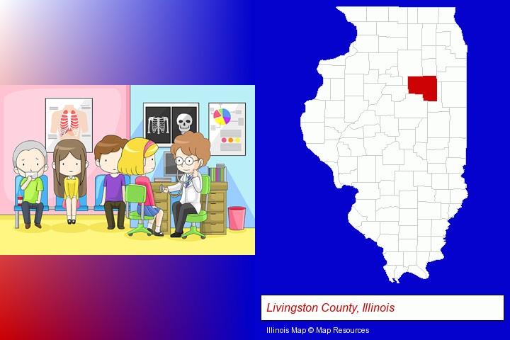 a clinic, showing a doctor and four patients; Livingston County, Illinois highlighted in red on a map