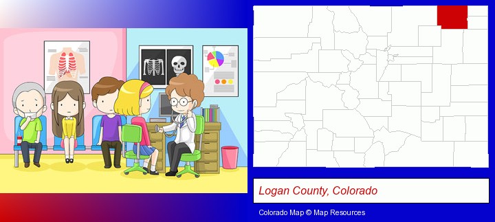 a clinic, showing a doctor and four patients; Logan County, Colorado highlighted in red on a map