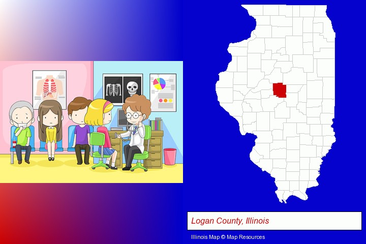 a clinic, showing a doctor and four patients; Logan County, Illinois highlighted in red on a map
