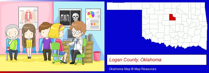 a clinic, showing a doctor and four patients; Logan County, Oklahoma highlighted in red on a map