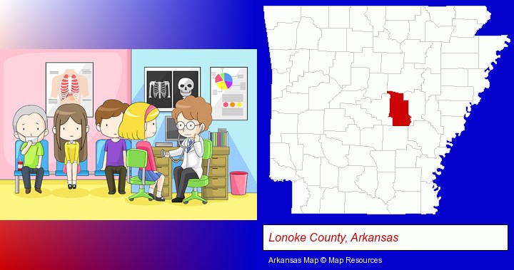 a clinic, showing a doctor and four patients; Lonoke County, Arkansas highlighted in red on a map