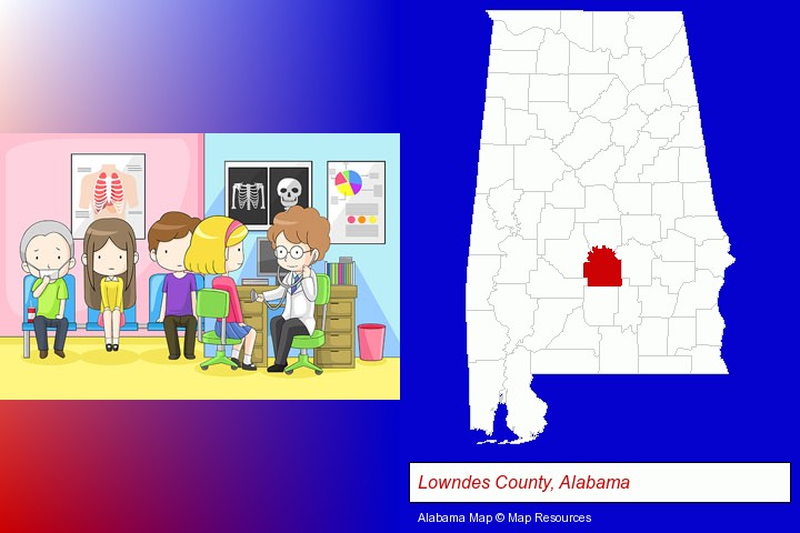 a clinic, showing a doctor and four patients; Lowndes County, Alabama highlighted in red on a map