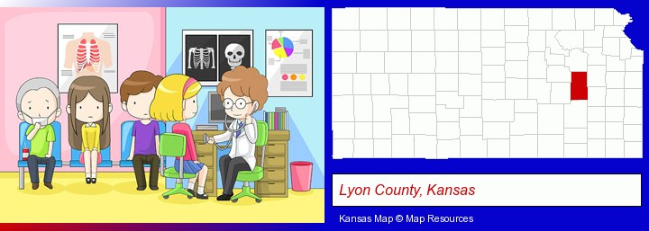 a clinic, showing a doctor and four patients; Lyon County, Kansas highlighted in red on a map