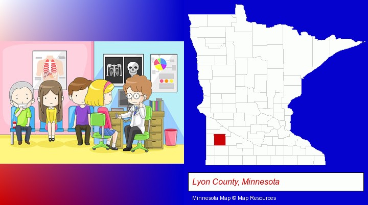 a clinic, showing a doctor and four patients; Lyon County, Minnesota highlighted in red on a map