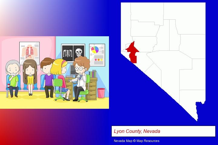 a clinic, showing a doctor and four patients; Lyon County, Nevada highlighted in red on a map