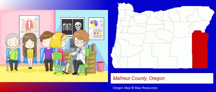a clinic, showing a doctor and four patients; Malheur County, Oregon highlighted in red on a map