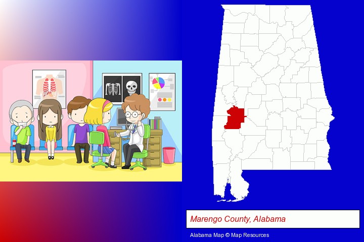 a clinic, showing a doctor and four patients; Marengo County, Alabama highlighted in red on a map