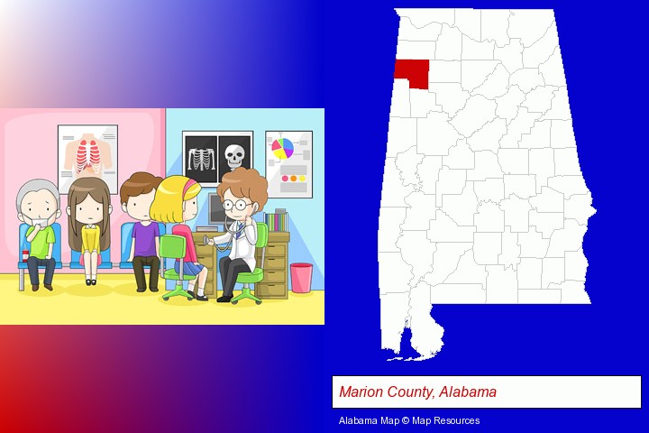 a clinic, showing a doctor and four patients; Marion County, Alabama highlighted in red on a map