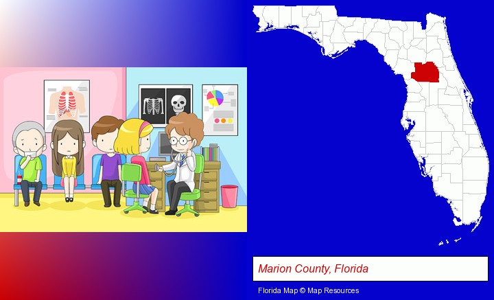 a clinic, showing a doctor and four patients; Marion County, Florida highlighted in red on a map