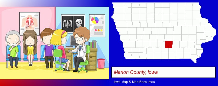 a clinic, showing a doctor and four patients; Marion County, Iowa highlighted in red on a map