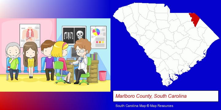 a clinic, showing a doctor and four patients; Marlboro County, South Carolina highlighted in red on a map