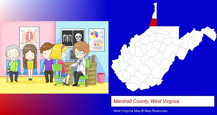 a clinic, showing a doctor and four patients; Marshall County, West Virginia highlighted in red on a map