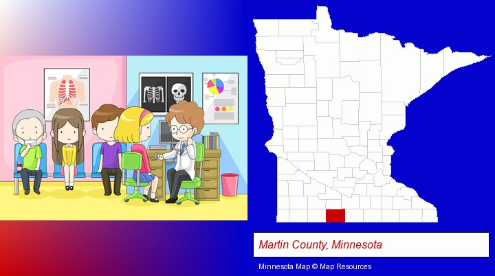 a clinic, showing a doctor and four patients; Martin County, Minnesota highlighted in red on a map