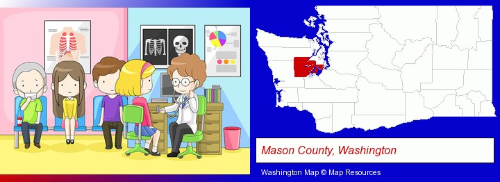 a clinic, showing a doctor and four patients; Mason County, Washington highlighted in red on a map