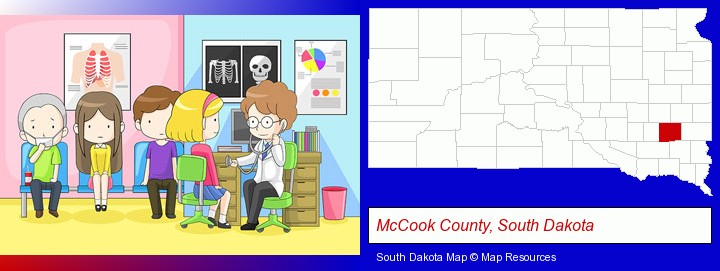 a clinic, showing a doctor and four patients; McCook County, South Dakota highlighted in red on a map