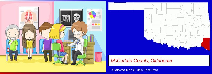 a clinic, showing a doctor and four patients; McCurtain County, Oklahoma highlighted in red on a map